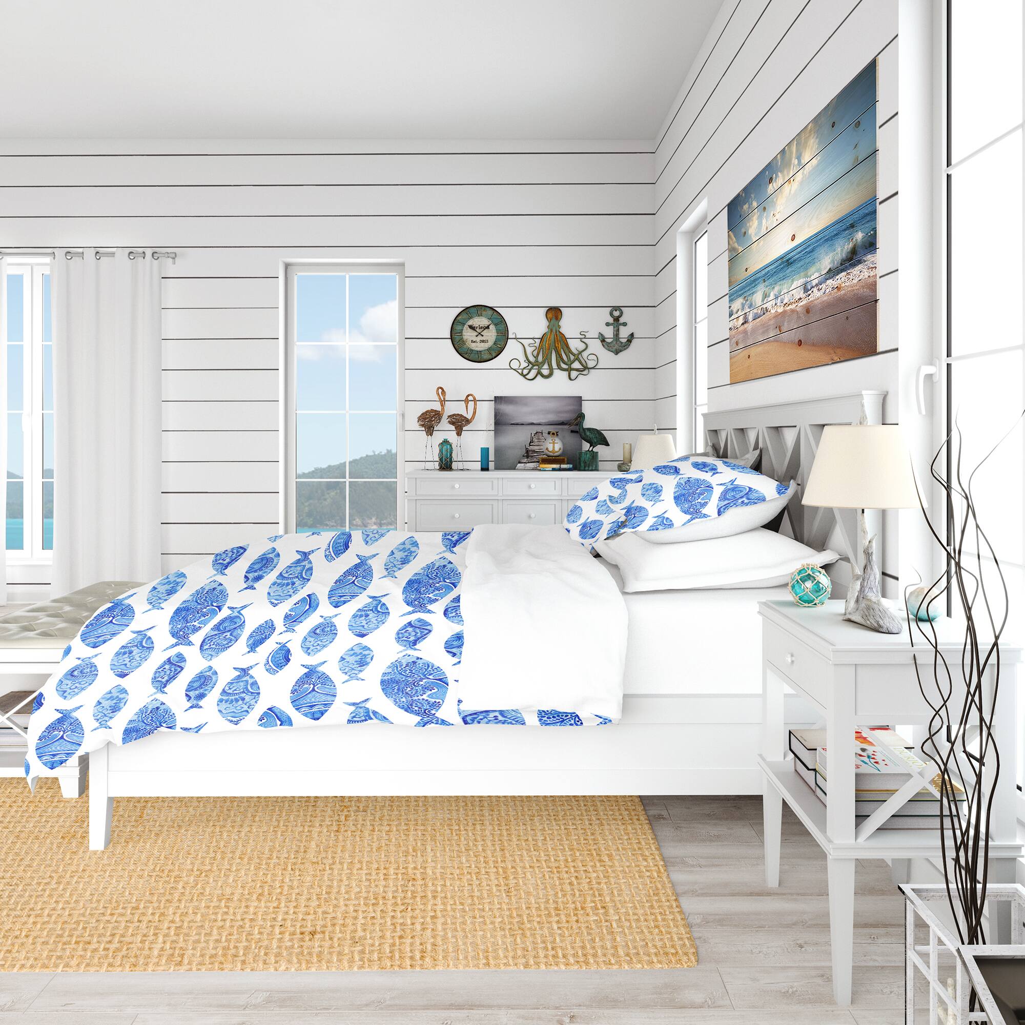 Designart Pattern with Fishes Nautical & Coastal Duvet Cover Set